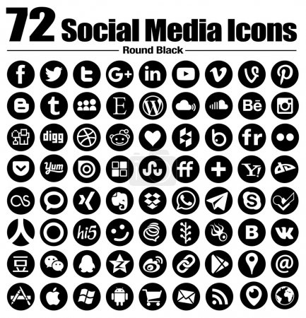 72 new Round social media icons - Vector, Black and white, transparent background - the must have complete circle icon set