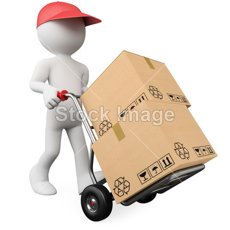 3D worker pushing a hand truck with boxes