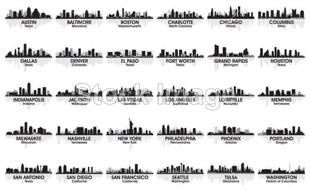 Incredible set of USA city skyline. 30 cities.