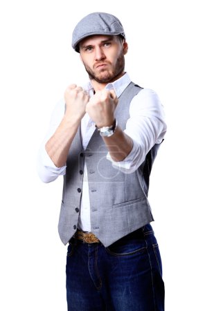 Excited handsome man with arms raised in success - Isolated on white