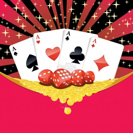 Dices, playing cards and falling golden coins gambling background