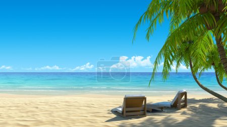 Two beach chairs on idyllic tropical white sand beach. Shadow from the palm trees. No noise, clean, extremely detailed 3d render. Concept for holidays, spa, resort design.