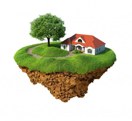 Little fine island - planet. A piece of land in the air. Lawn with house and tree. Pathway in the grass. Detailed ground in the base