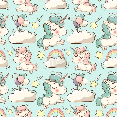 Pattern with cute unicorns and clouds